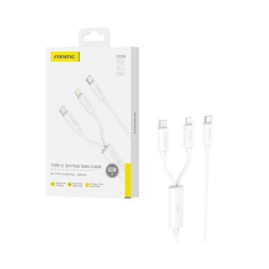 Cabo 2 em 1 Foneng XS09 Tipo-c to (Tipo-c+Lightning) 60W 1,2M Branco